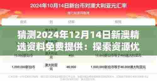 猜测2024年12月14日新澳精选资料免费提供:探索资源优化的新途径