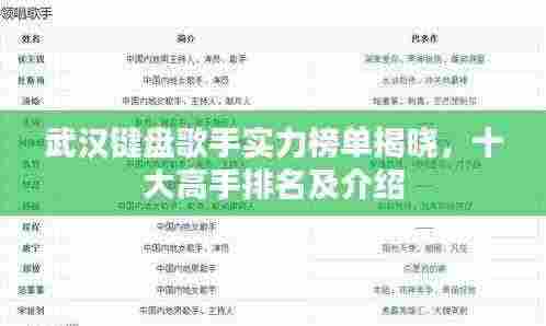 武汉键盘歌手实力榜单揭晓,十大高手排名及介绍