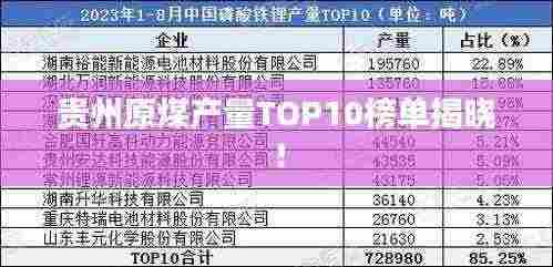 贵州原煤产量TOP10榜单揭晓！