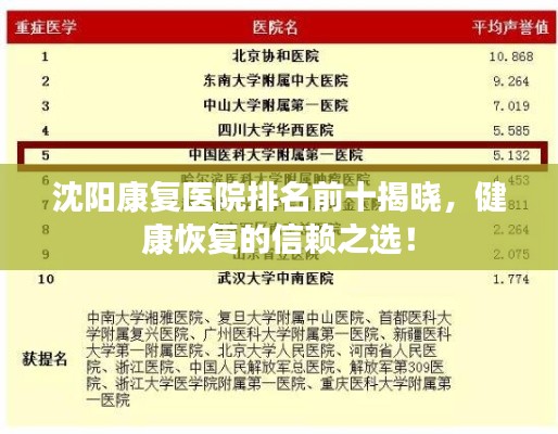 沈阳康复医院排名前十揭晓，健康恢复的信赖之选！